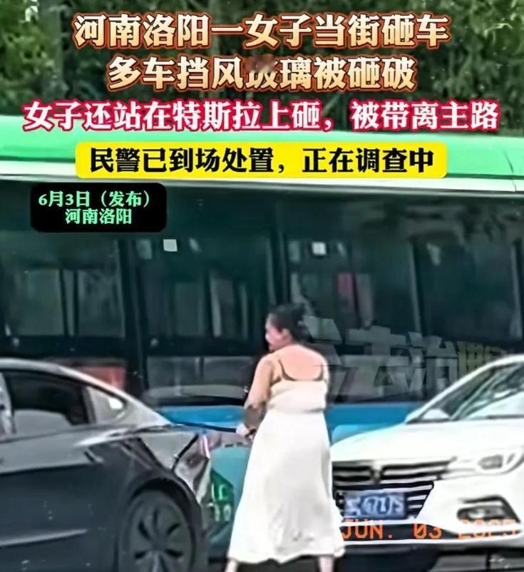 “太离谱了！”河南洛阳，一女子当街手里长棍挨个砸正在等红灯的车辆！多辆车受损，更