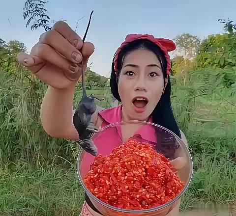 越南🇻🇳女网红沾着辣椒面吃老鼠。然后某印度博主把越南女网红的头部去掉，剩下老