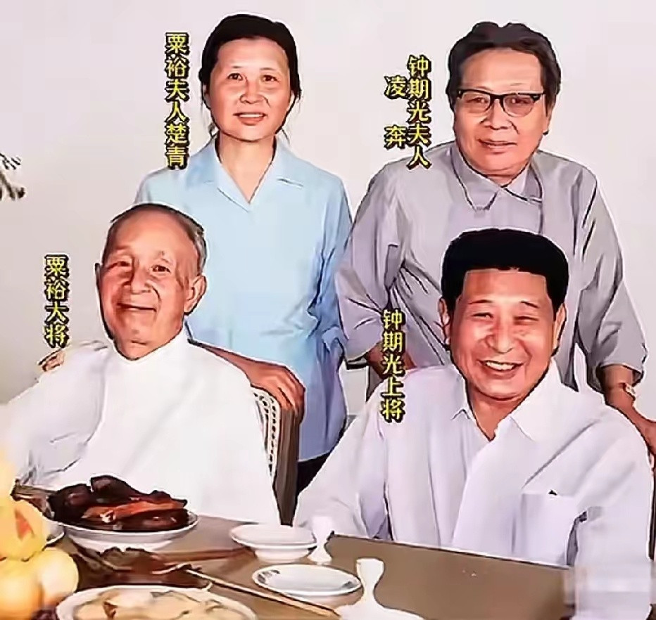 这张是拍摄于80年代的温馨留影，照片中，两位老将军并肩而坐，夫人楚青与凌奔站在身
