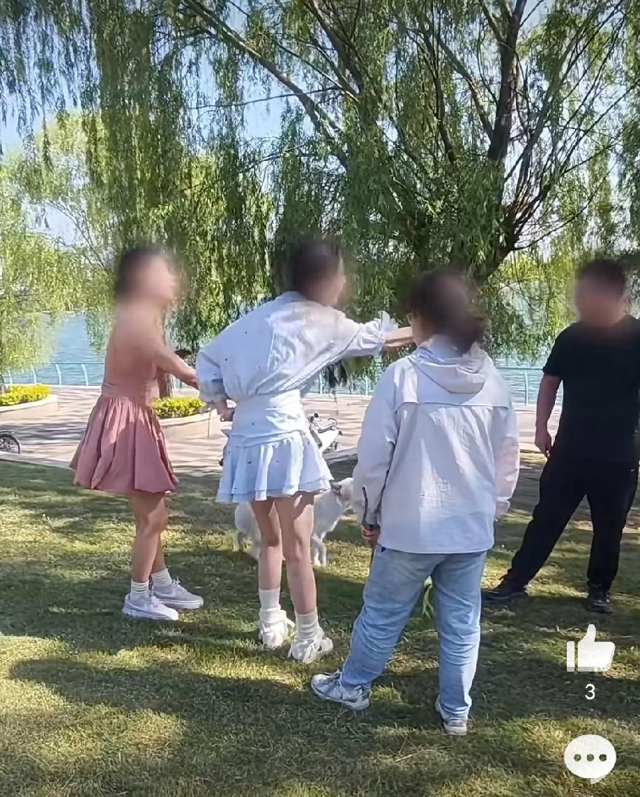 5月8日，河南濮阳。几名年轻女子公园内遛狗不牵绳，狗狗不停狂吠吓到孩子，受到惊吓