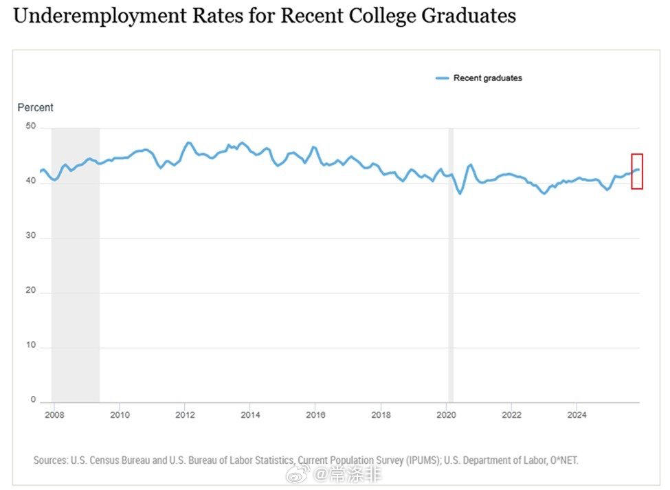 【美国大学毕业生就业不足率已达到危机水平】应届大学毕业生的就业不足率高达42