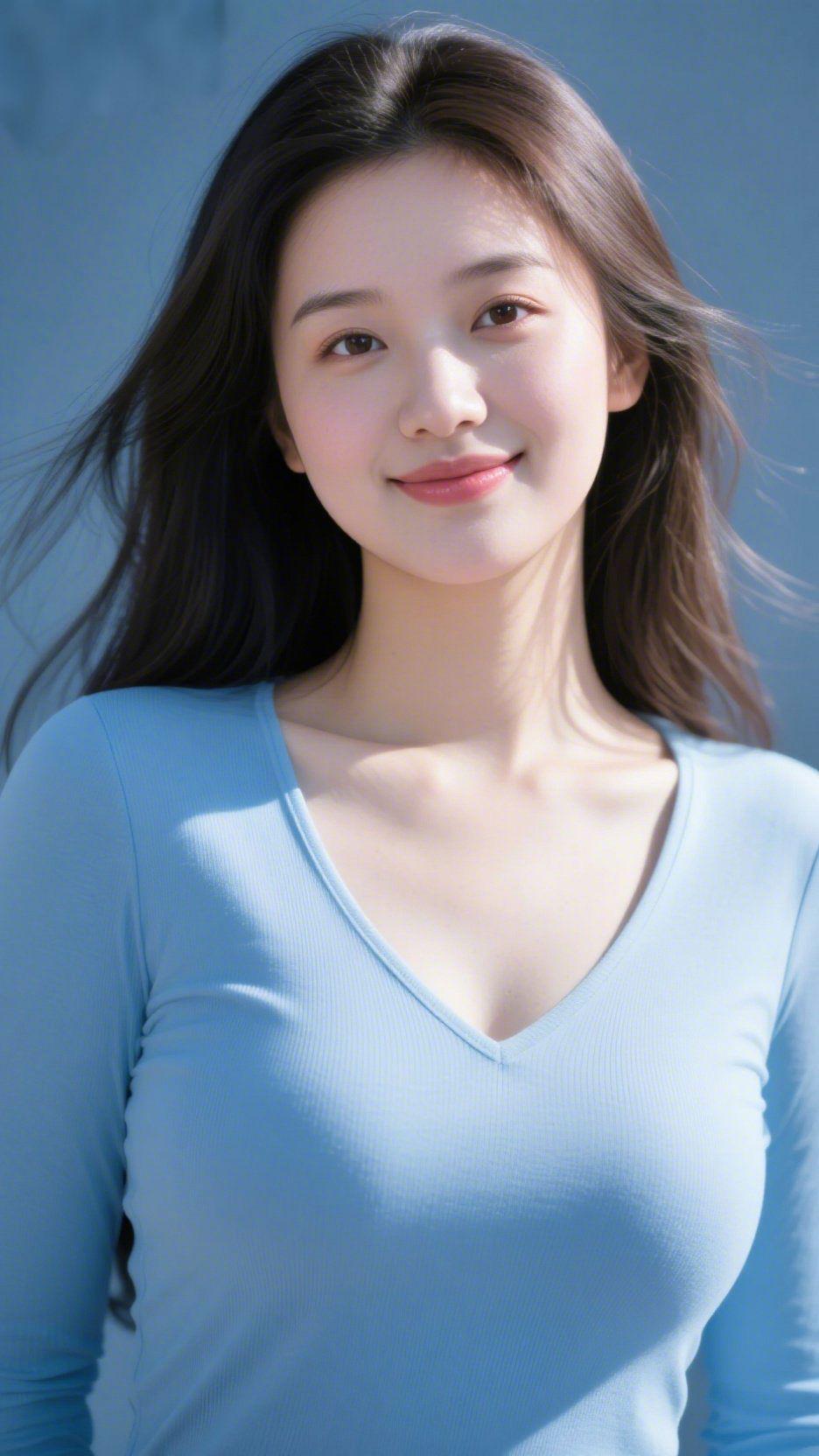 《浅蓝里的晴日柔》风掠过她垂落的发梢，浅蓝衣衫像裁了片晴空裹在肩头，连落下