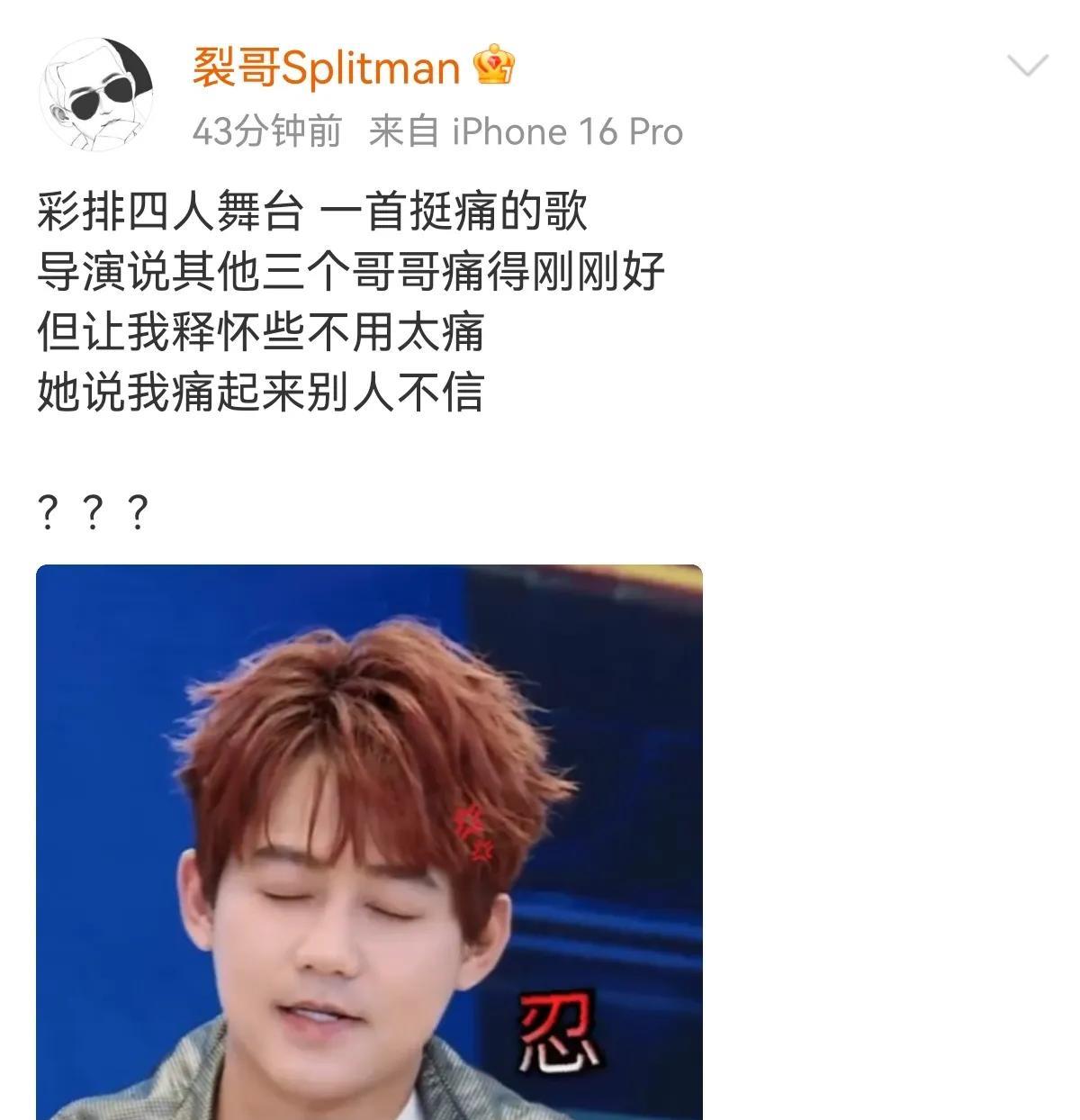 苏醒张远王栎鑫王铮亮在披哥彩排四人舞台，一首痛的歌，导演说其他三人痛的刚刚好，但