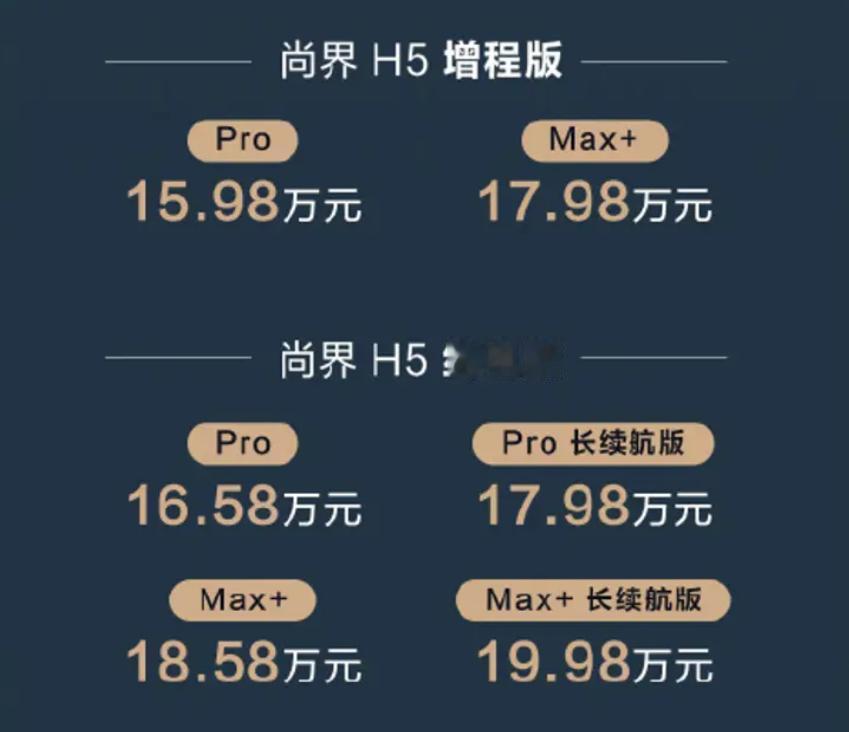 尚界新H5上市近日，新款尚界H5正式上市，包含增程与纯电两种动力共计6款车型，