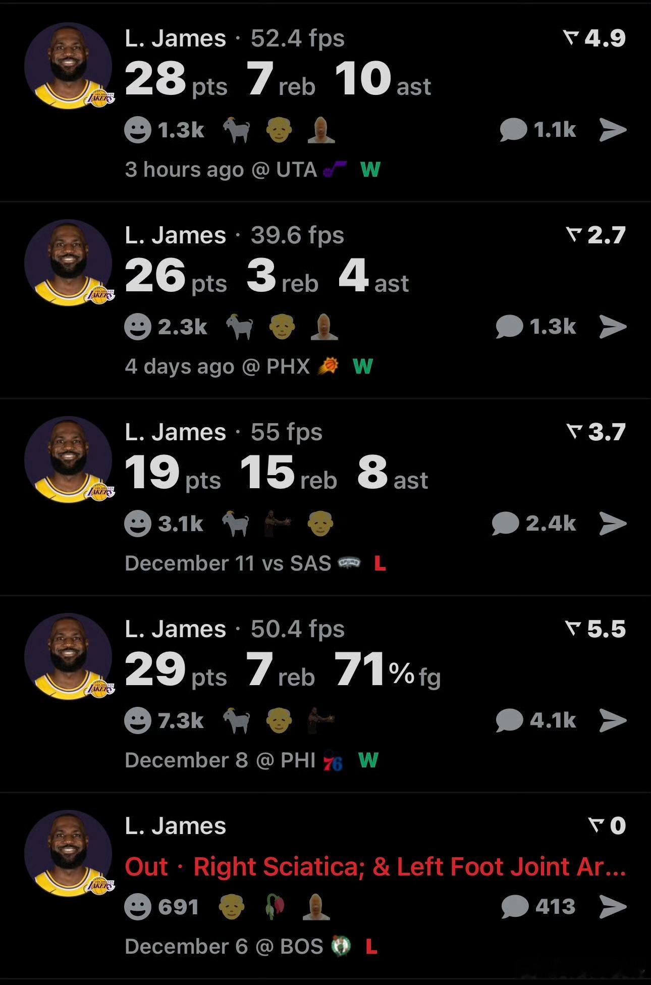 看了詹姆斯近四场跟库里的近三场对比！才知道果然姜还是老的辣！詹姆斯近四场表现:打