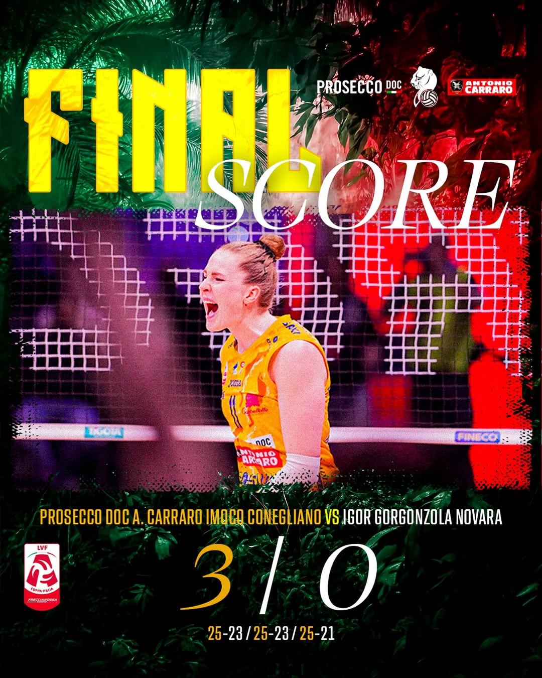 科内3-0横扫诺瓦拉晋级决赛2026女排意大利杯半决赛，科内利亚诺3-0零封