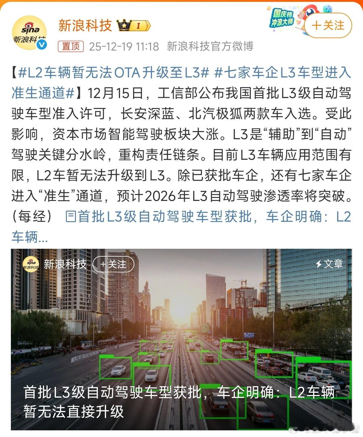 L2车辆暂无法OTA升级至L3大V聊车按趋势看，明年会有不少L3的车型出现。但