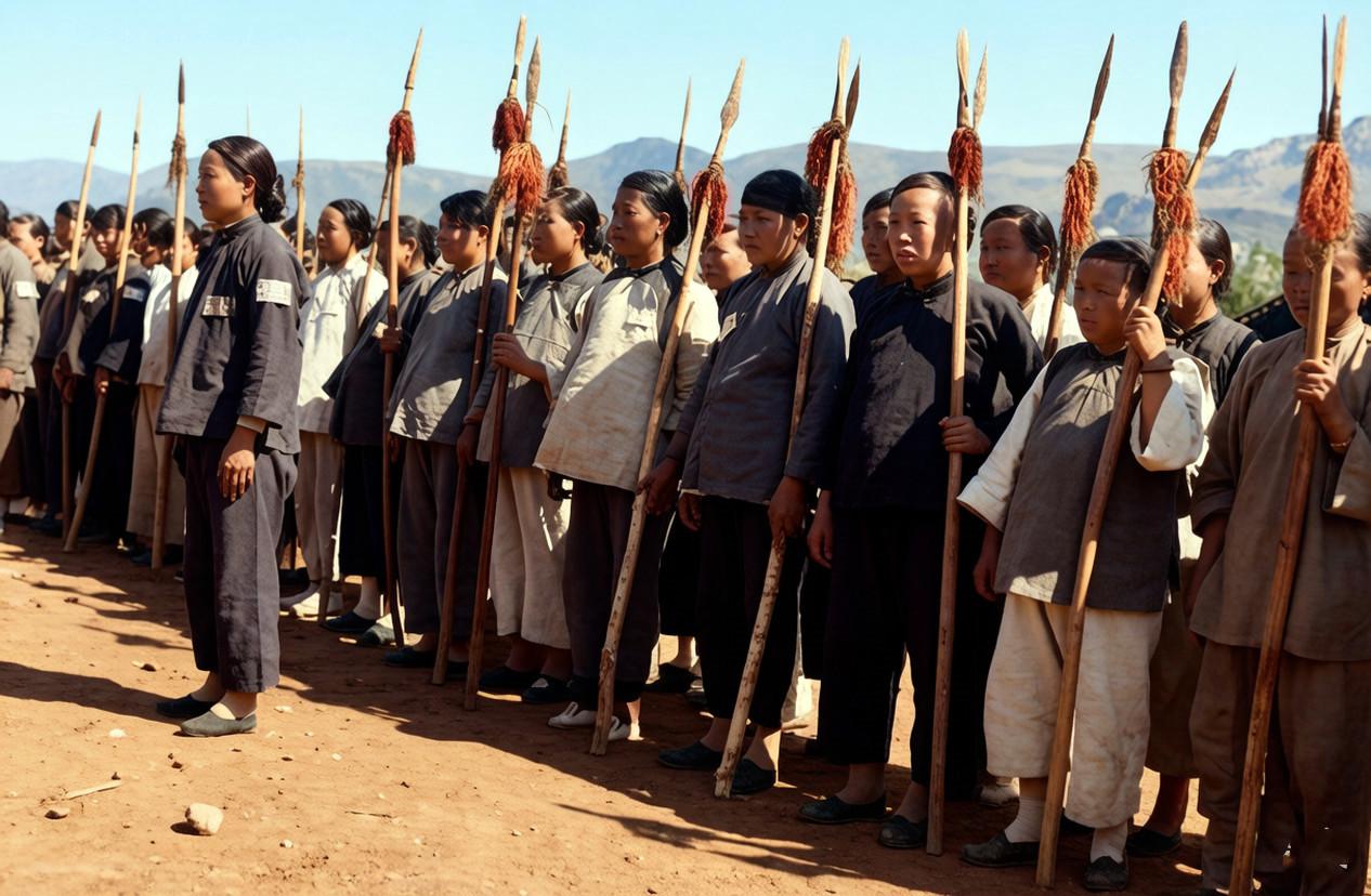 1938年，陕北延安，一支由已婚妇女组成的“女子抗日队”正列队接受检阅。她们身着