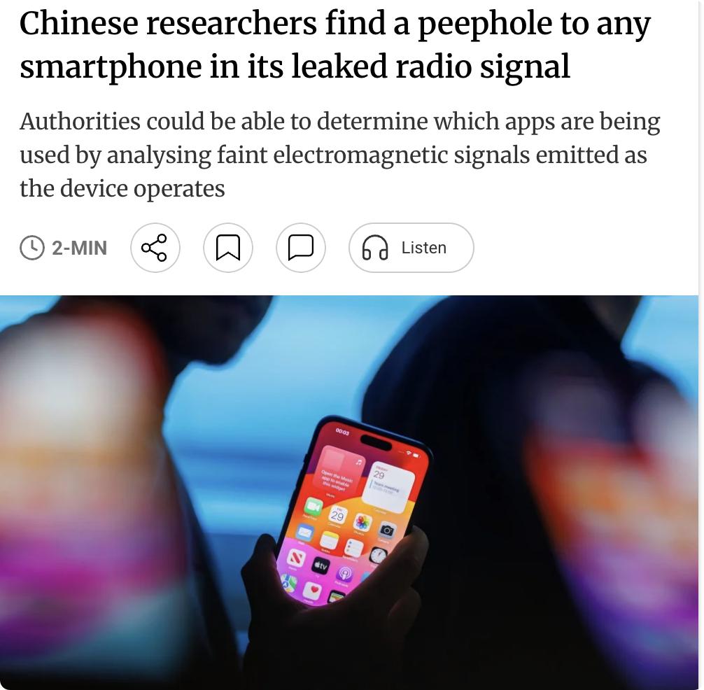 外媒：中国人民公安大学研究人员开发出一种通过低频电磁辐射识别智能手机应用的非接触