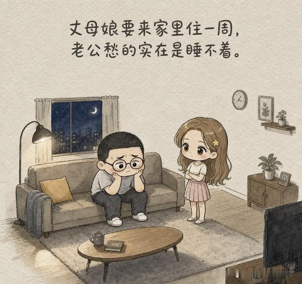 推荐有趣的漫画：丈母娘要来家里住一周，老公愁的实在是睡不着。老公试探地问：「妈来