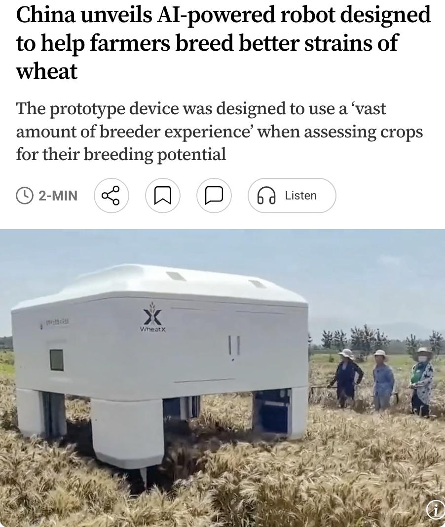 外媒：中国近日推出一款人工智能小麦育种机器人原型，旨在推动农业科技进步、保障粮食