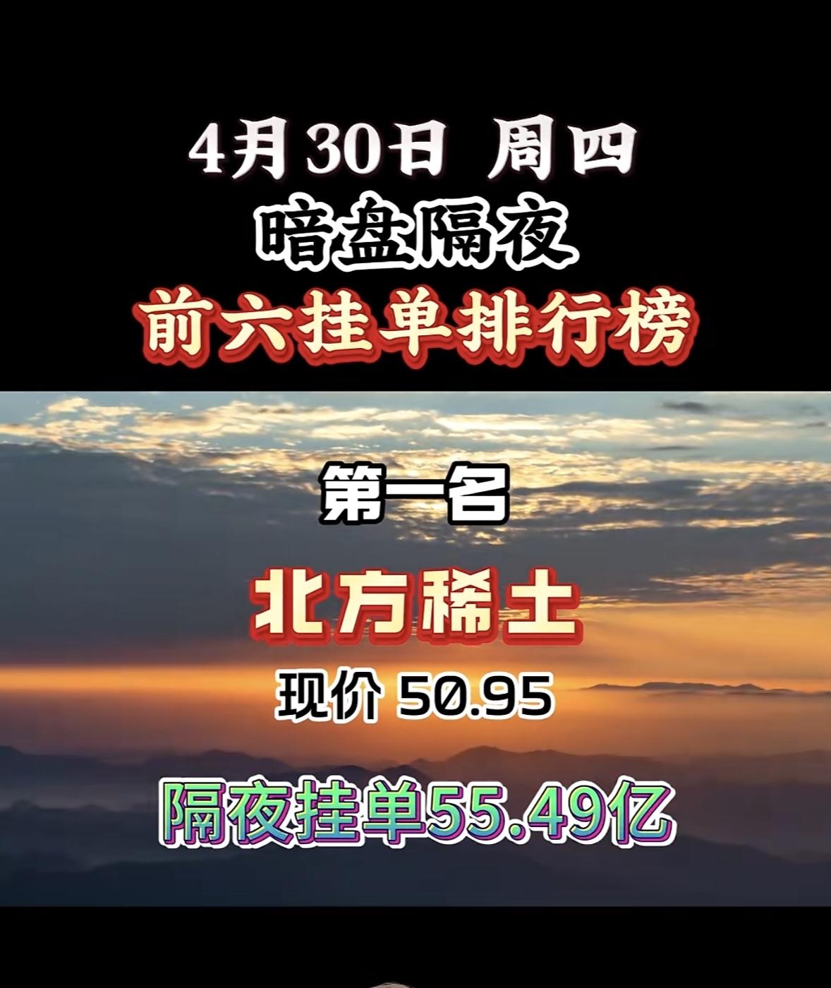 4月30日周四暗盘隔夜挂单排行榜揭晓4月30日江特电机可太猛了，隔夜挂单33