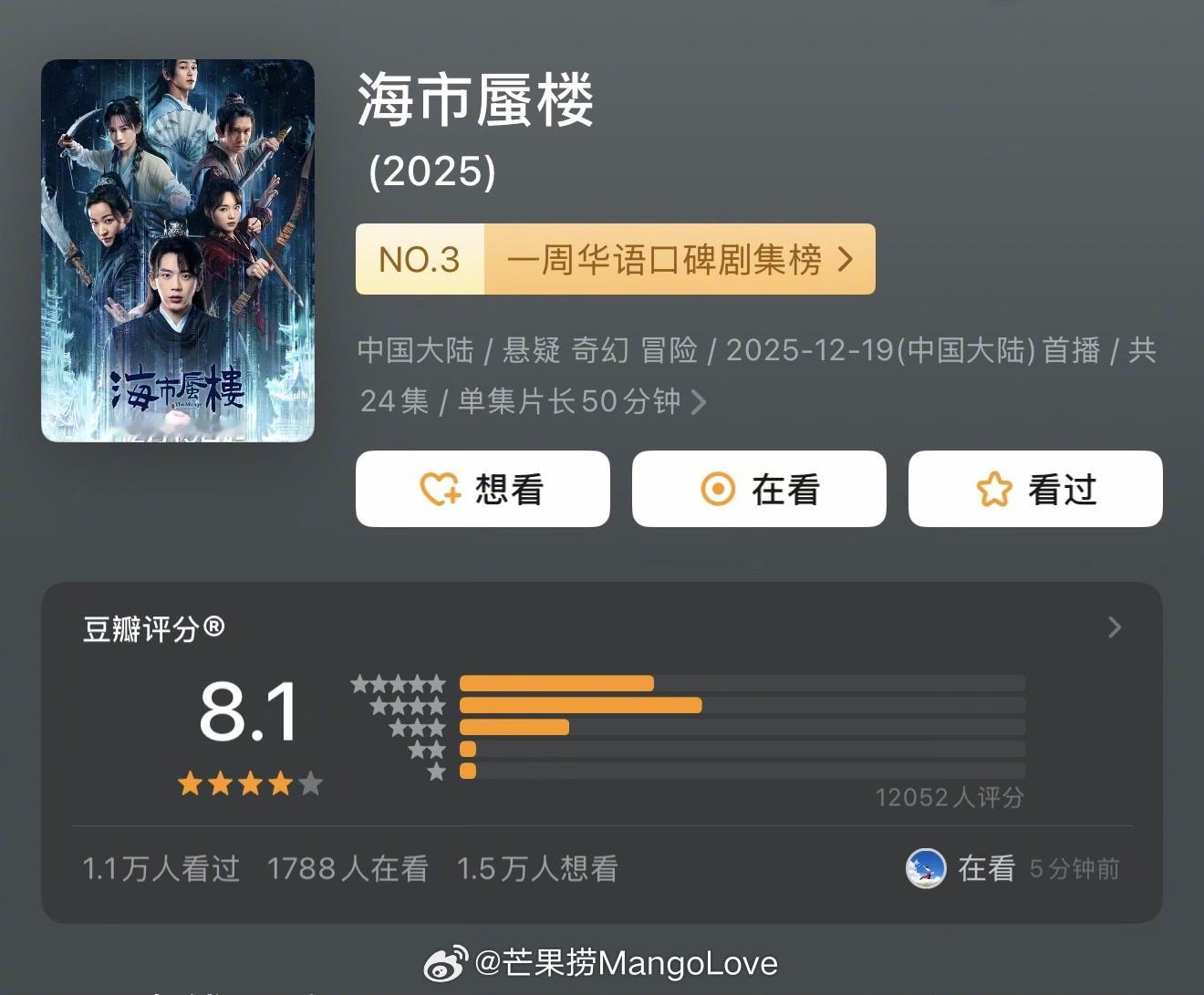 近期热播剧集豆瓣评分开分费启鸣/吕小雨海市蜃楼8.1分杨旭文/杨志刚