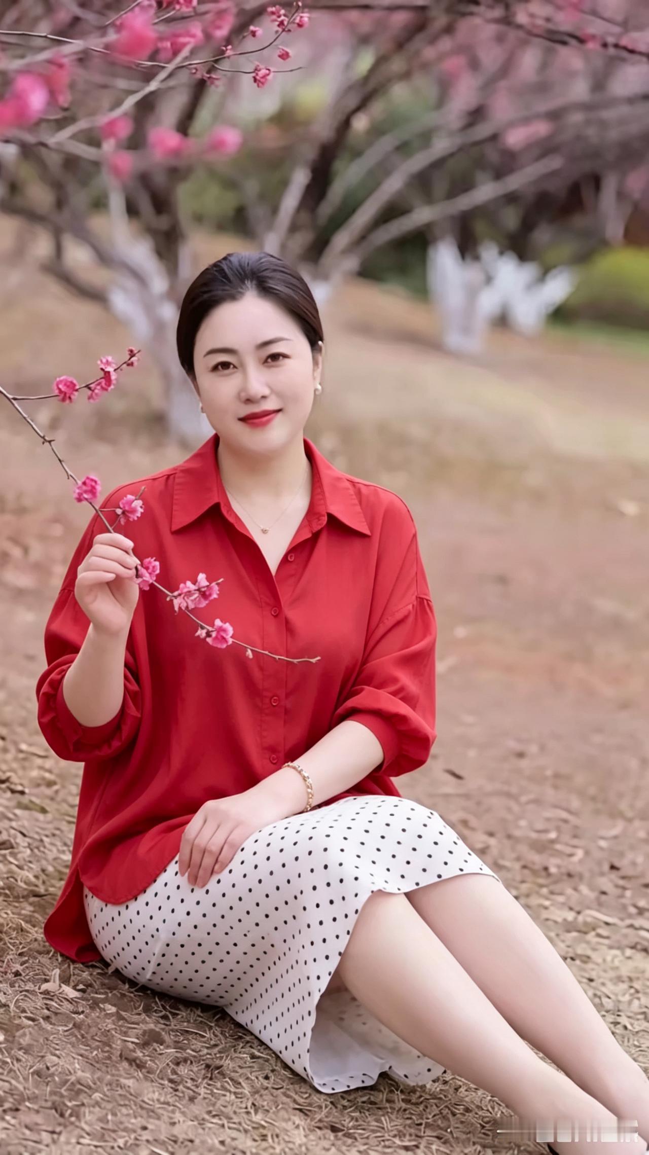 《花下佳人》快来瞧瞧这位花下美佳人！花下佳人美如画，红衣衬得气质佳。手拉一