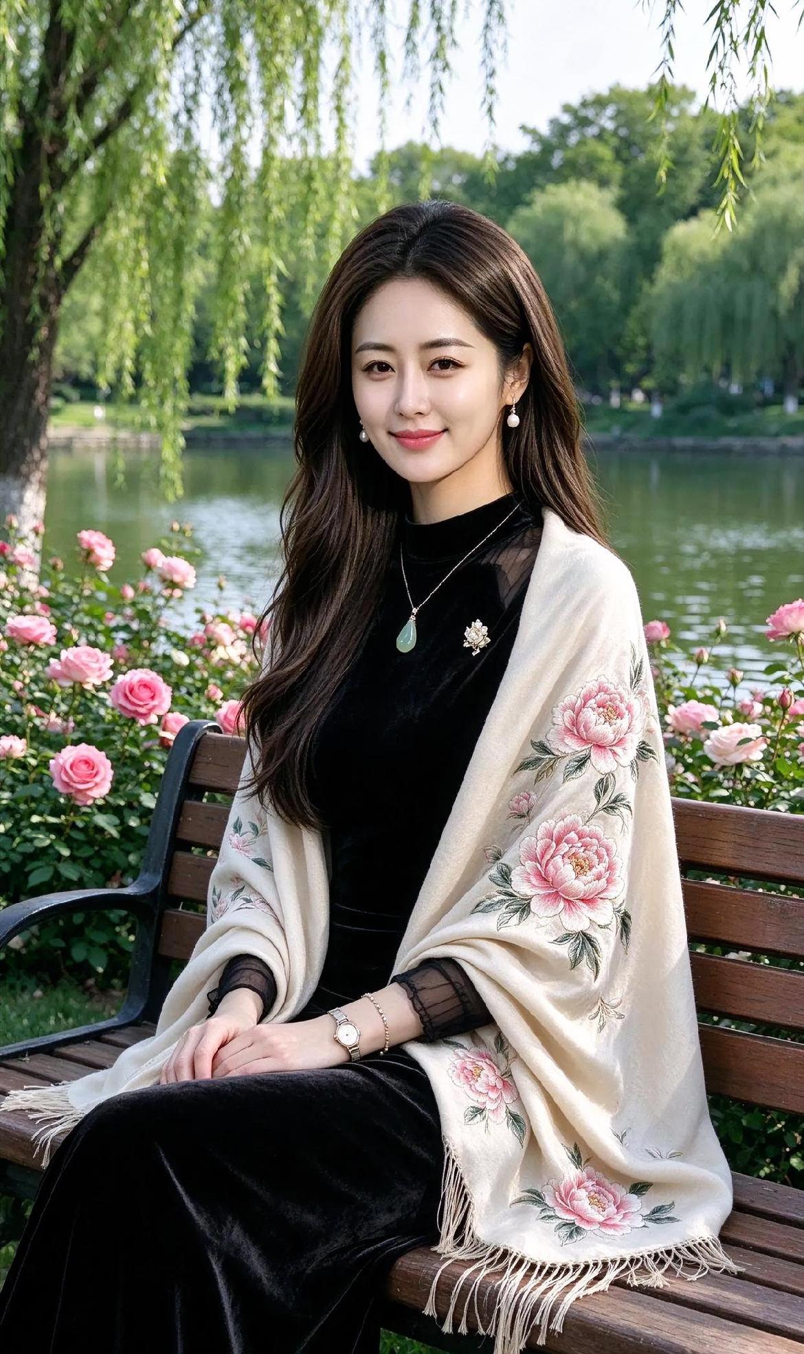 《湖畔花影的温婉》湖光柳色，晕染初夏的清幽，木椅静卧，挨着粉玫瑰的温柔。
