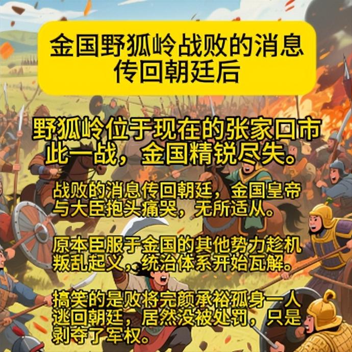 传回朝廷后战败的消息传回朝廷，金国皇帝与大臣抱头痛哭，无所适从。原本臣服于金