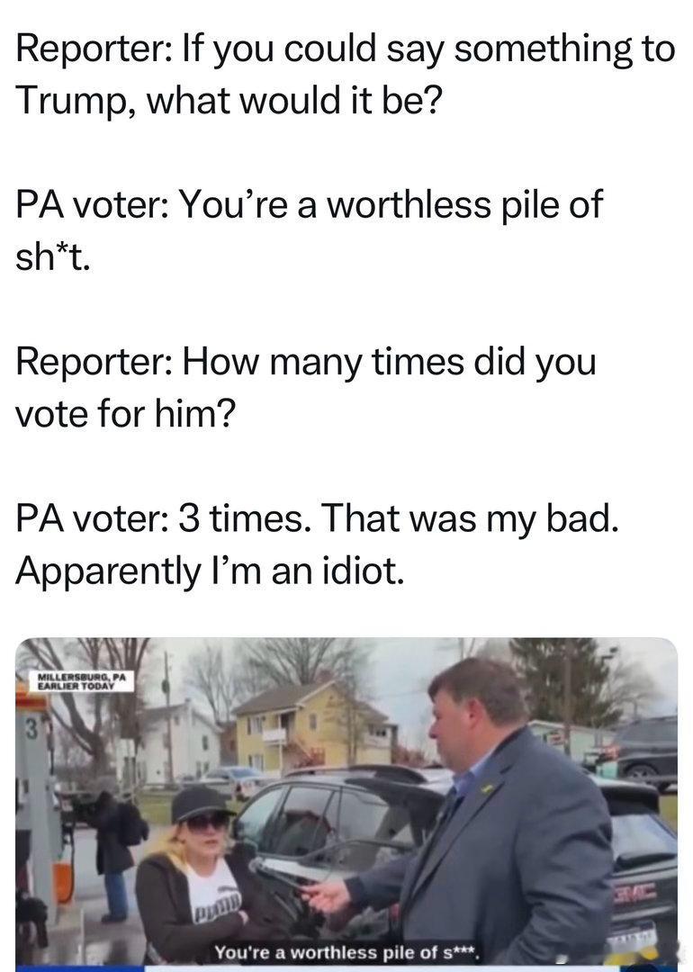 记者：你想对Trump说点什么选民：你是没用的一坨💩记者：你选了他几次选民：三