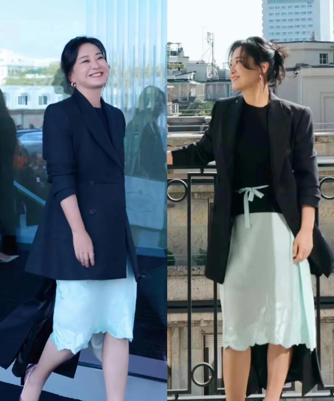 贾玲穿西服就是气场十足的职场女强人的，很大气呀！黑色的正肩中长西服，敞开穿，搭