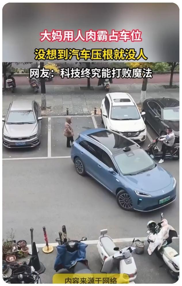 【人肉占车位没用，自动泊车完胜！】某停车场车位紧张，一位大妈为霸住车位傲然立