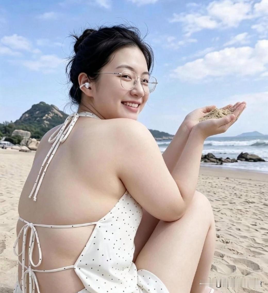 这位女士身处夏日海滩，身着波点泳装，享受海风与沙滩，尽情舒展自我，尽享度假的松弛