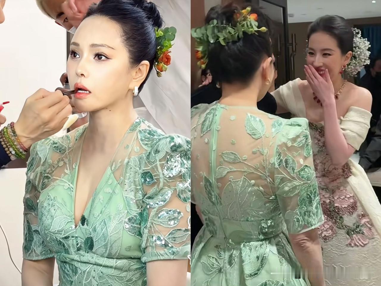 其实从背影还是能看出女明星的年龄，你看穿绿色礼服裙的伊能静虽然整个脸看着精致，