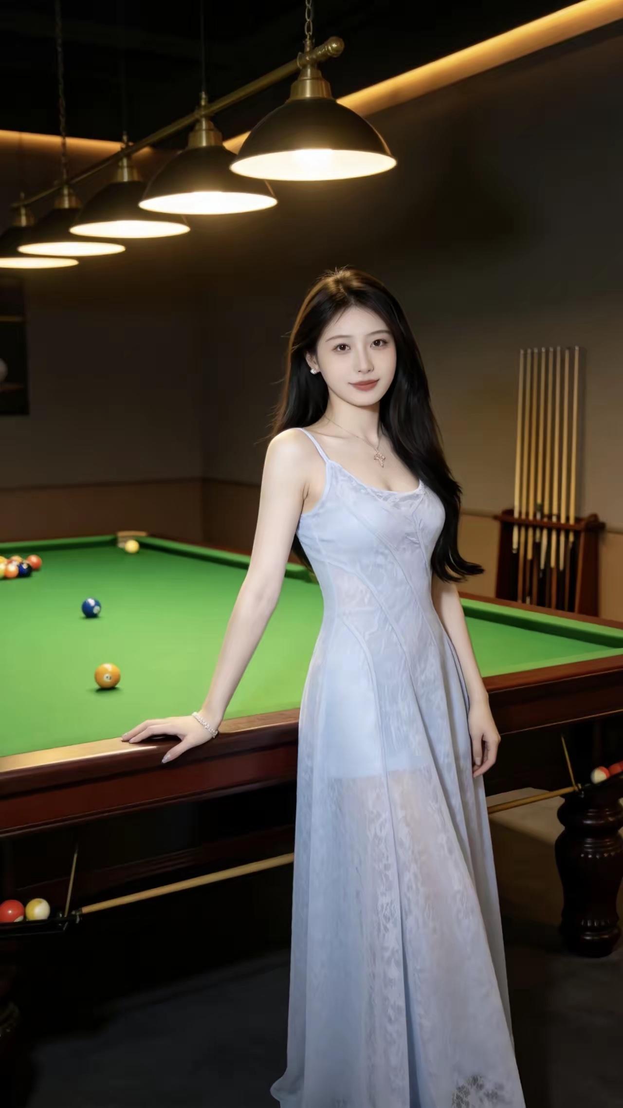 优雅气质，台球桌旁，白纱长裙，散发迷人魅力