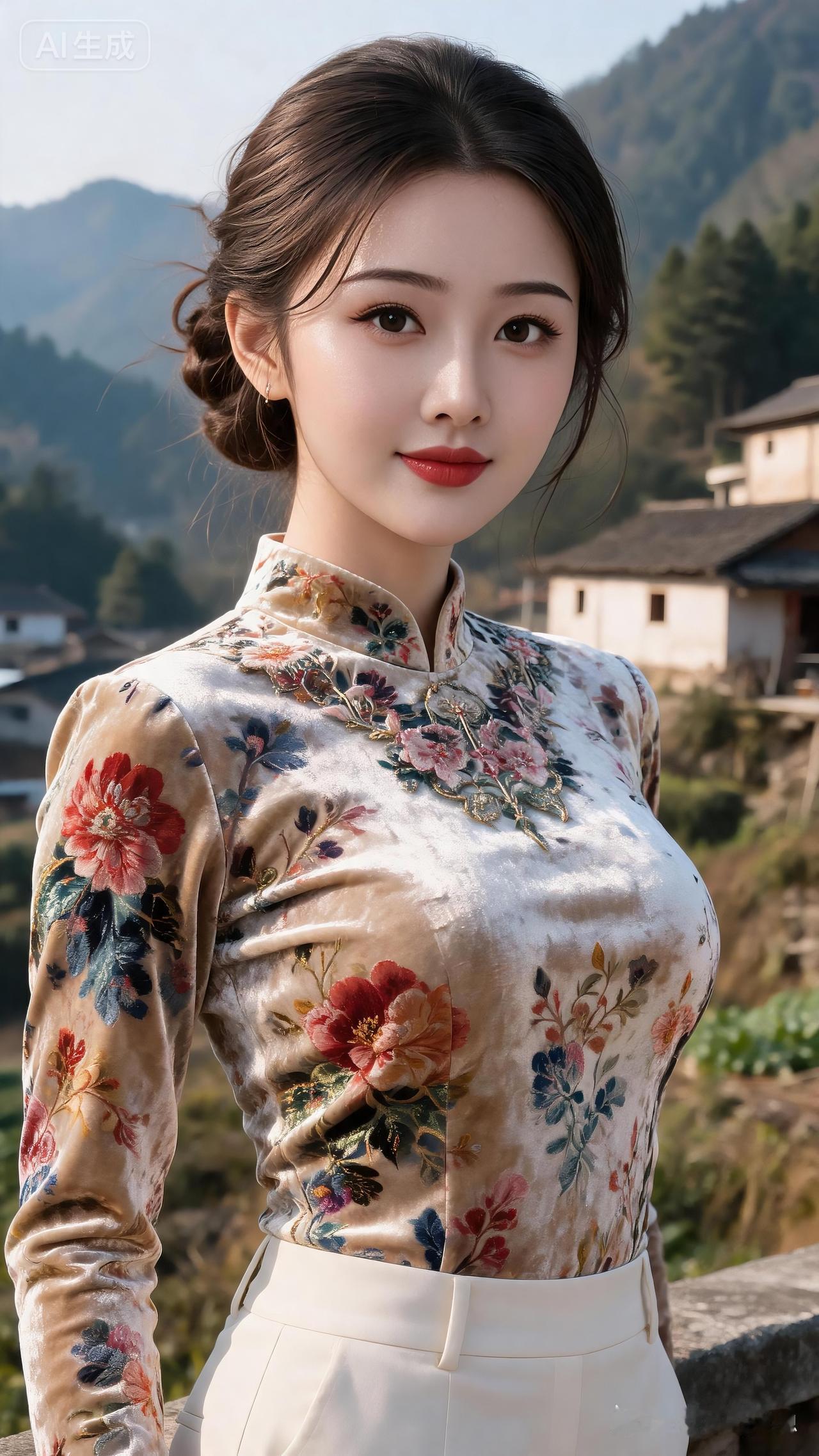 红颜美人肤白细腻毛孔清晰，肌肤油润泛柔光，鹅蛋脸纤瘦精致，唇红齿白浅含笑意。棕黑