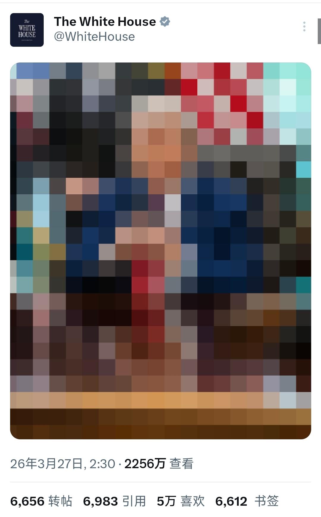 白宫官方账号3月27日这是怎么了？连着发了四个马赛克图片。为什么要给特朗普和JD