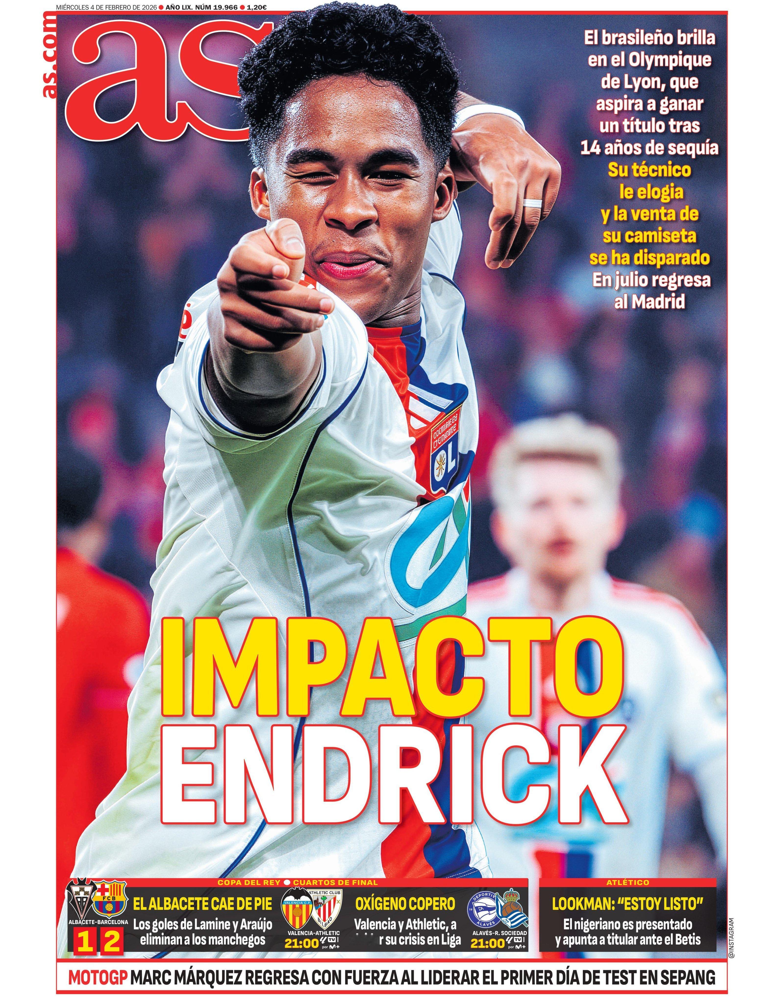 皇马《阿斯》恩德里克的冲击他在十四年无冠渴望奖杯的里昂闪耀教练赞赏他，他的球衣