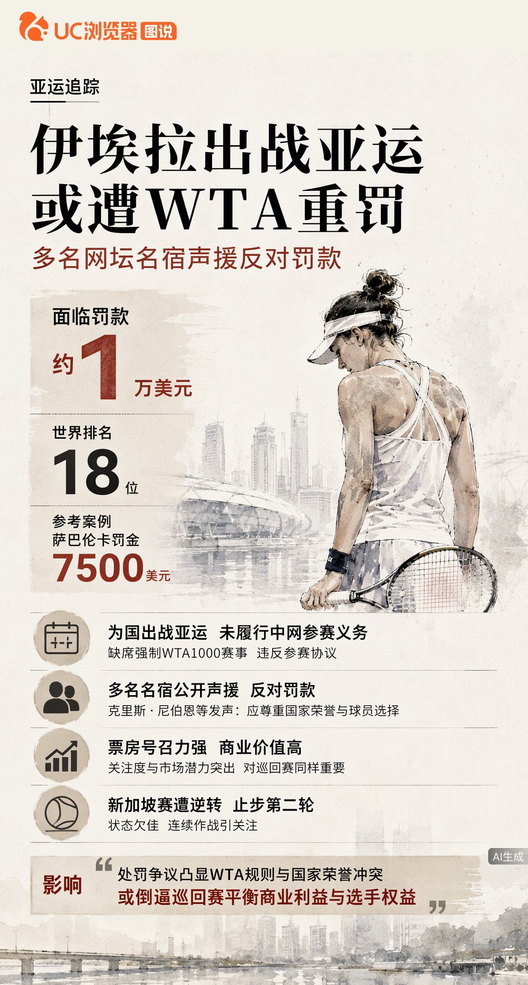 为国出战亚运缺席中网，世界第18伊埃拉或遭WTA罚1万美元。多名网宿声援反对处罚，这场国家荣誉与巡回