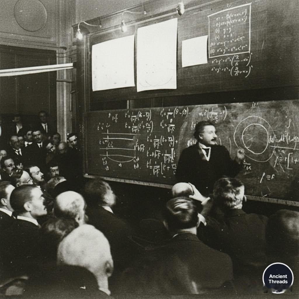 1922年，阿尔伯特·爱因斯坦讲解相对论时的真实照片。前面那位男士看起来头疼不已