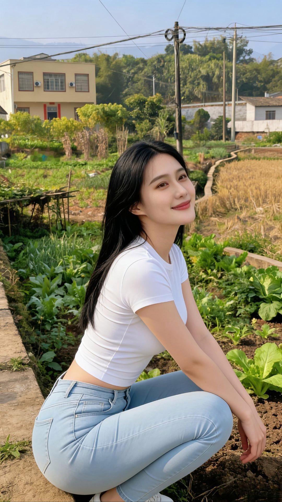 田园少女蹲在菜园边，微笑看向远方！