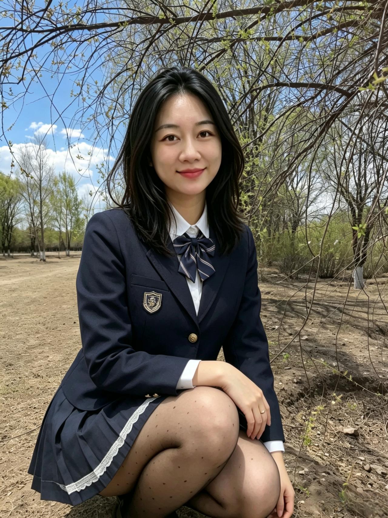 藏青制服衬春晴，领结轻垂笑意明。蹲倚疏枝风拂发，少年意气满郊亭。