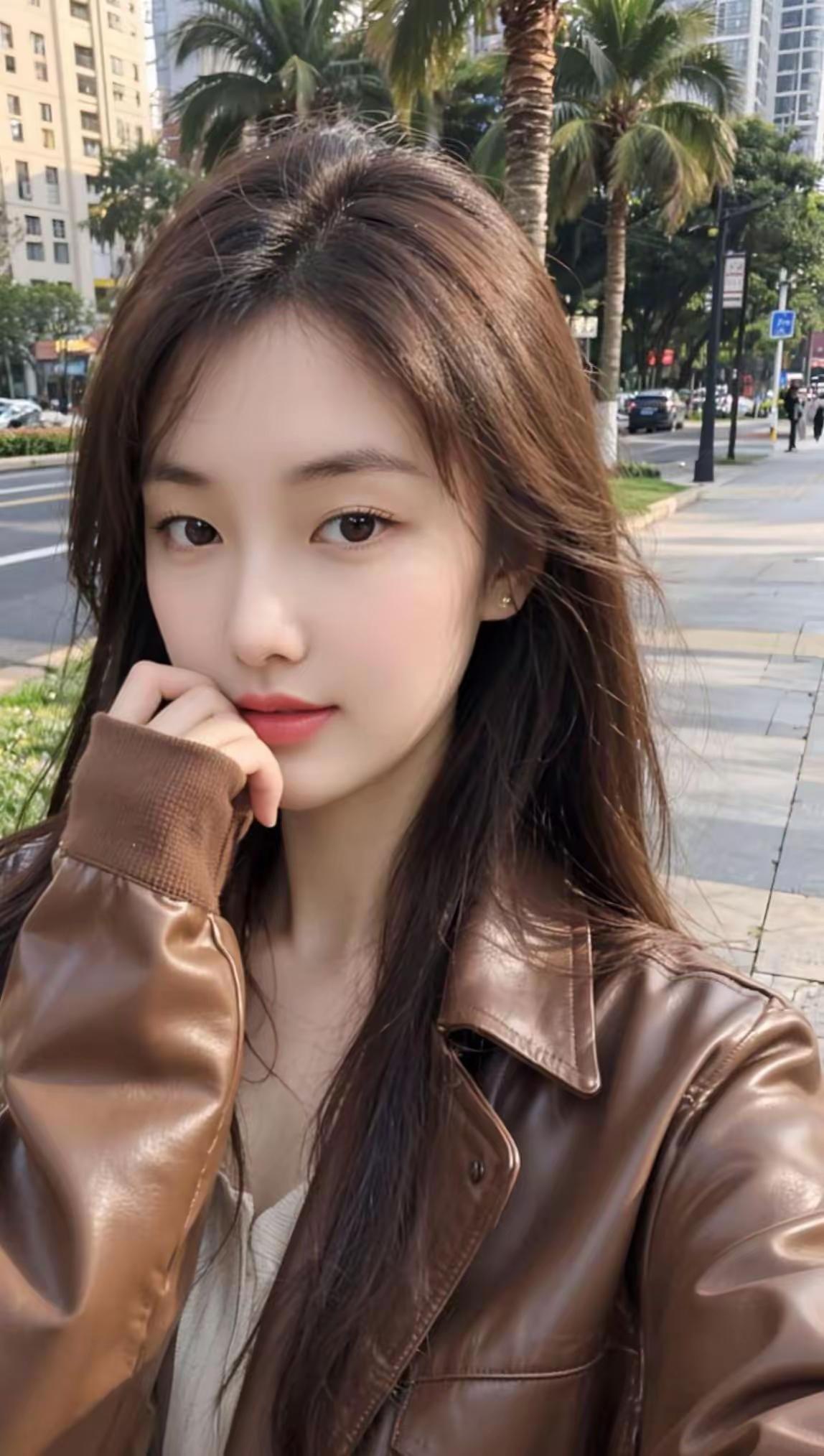 都市街拍，棕色皮衣，甜美少女风，城市漫步时尚女皮衣穿搭气质范穿搭皮衣棕色皮衣