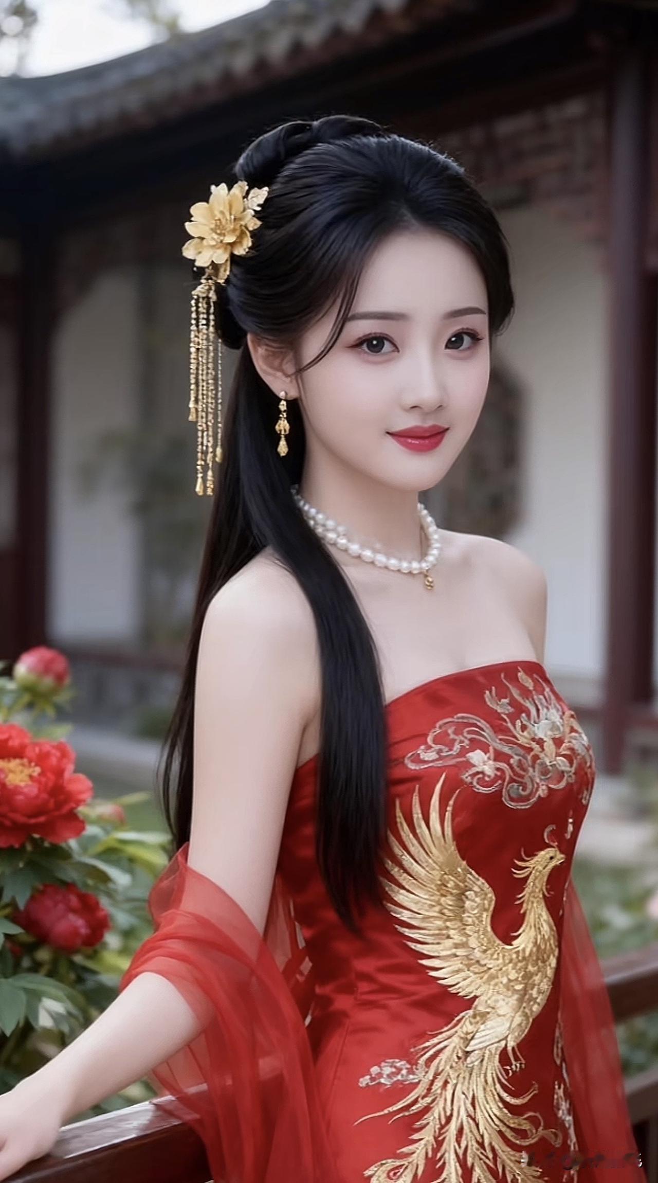 古典美人，红衣金凤，花间仙子古典汉服美人古典红裙少女古风仙子大片古典红裙少