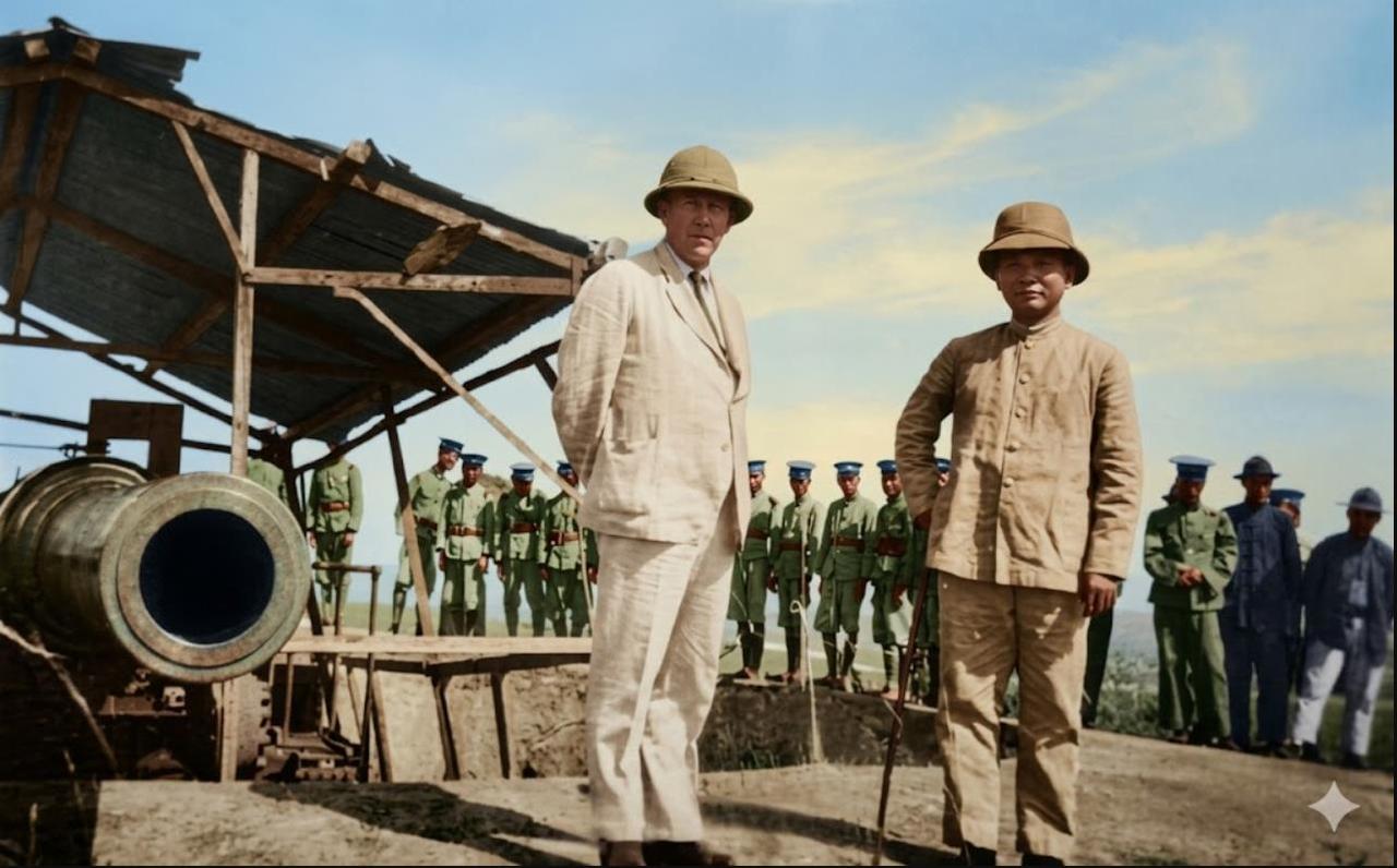 1923年，孙中山与苏俄顾问鲍罗廷视察虎门威远炮台。右侧为孙中山，左侧是苏俄首席