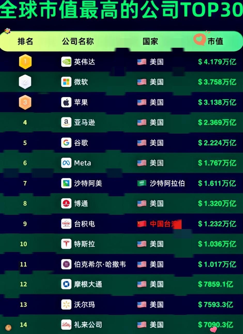 全球市值前20的公司排行榜来了！第1，美国英伟达：4.32万亿美元。第2，美