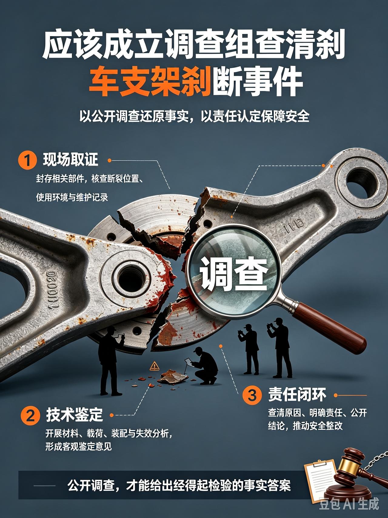 【应该成立联合调查组查清刹断事件】最近刹车支架刹断事件，搅动了整个社会，也冲