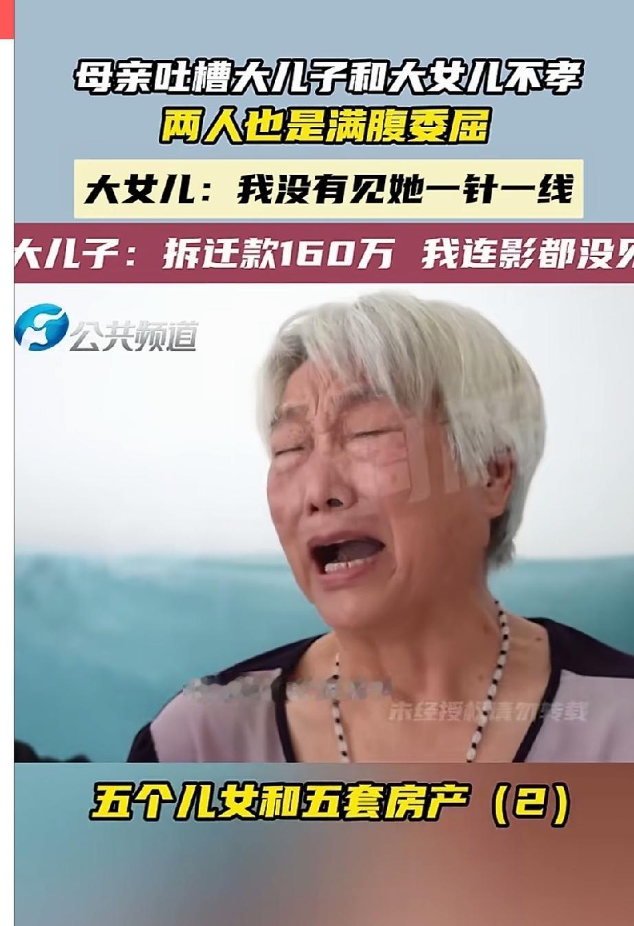 160万拆迁款！五套房产！五个儿女！老人偏偏吐槽大女儿和大儿子不孝顺。老太太觉