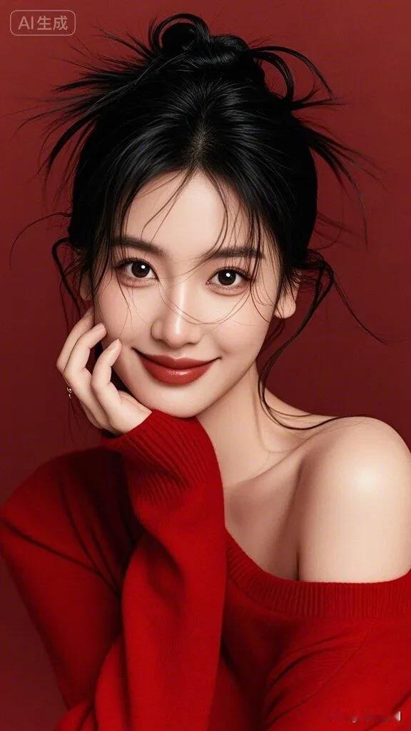 分享你见闻过的绝色美人！正红针织衫裹着热烈的温柔，凌乱的丸子头揉进灵动的俏皮，笑