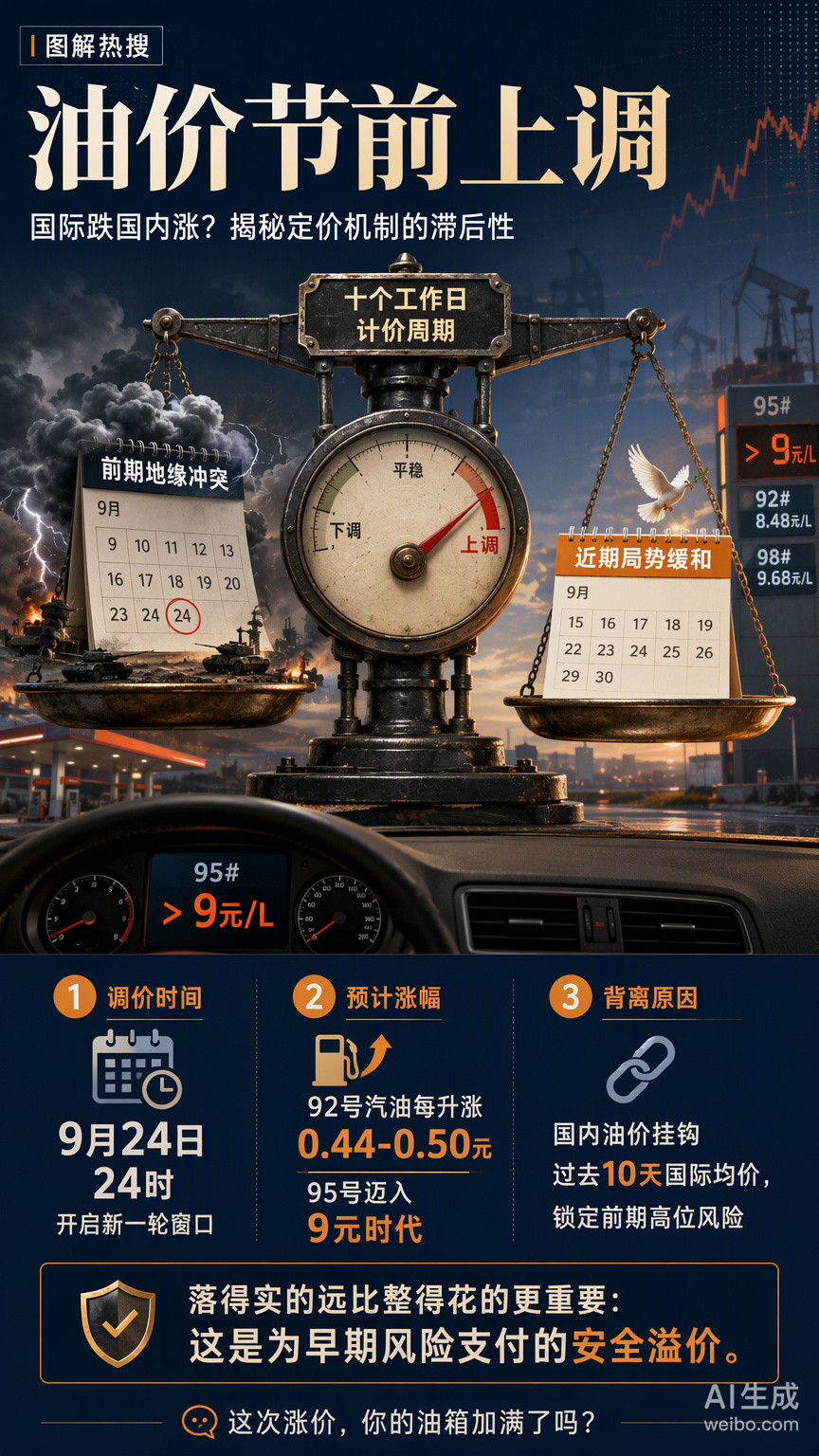 24日24时，国内成品油将迎来节前最后一次上调。预计95号汽油每升涨幅在0.5元左右，多地正式迈入“
