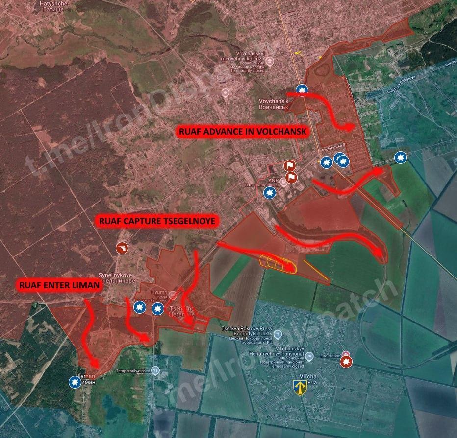 俄罗斯空军攻占了采格尔诺耶村，并进入了哈尔科夫方向的利曼村。俄军正进一步向沃尔昌