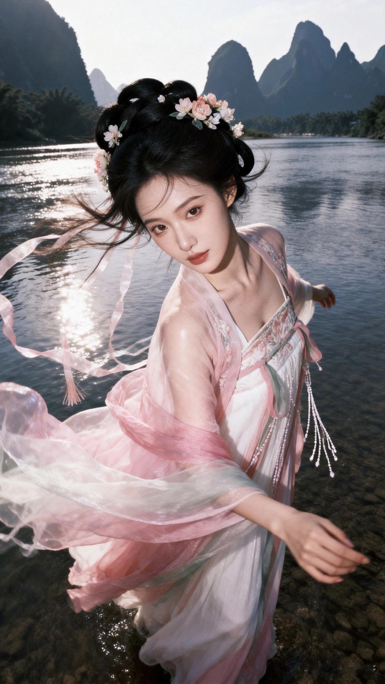 ：此情此景，我又想吟诗一首：[吐舌头眯眼睛笑]“青山绿水映蓝天，仙女翩跹落此间；云鬓飘飘