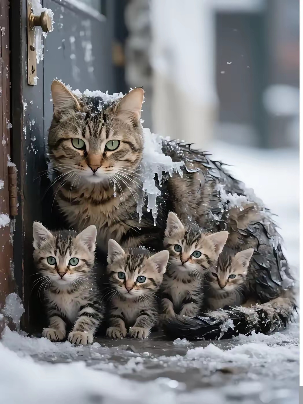 清晨开门时我愣住了。一只流浪猫妈妈趴在门口，身上结着冰碴，肚皮下护着几只湿漉漉的