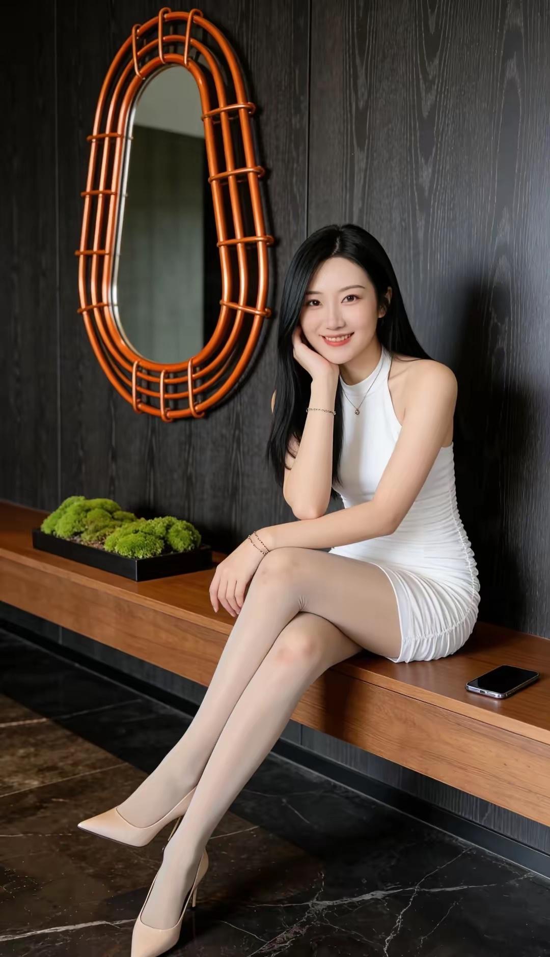 优雅白裙，镜前自拍照，时尚穿搭指南