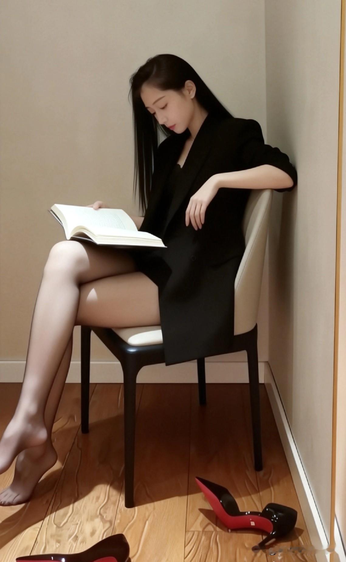优雅阅读时光，黑西装与高跟鞋的完美搭配