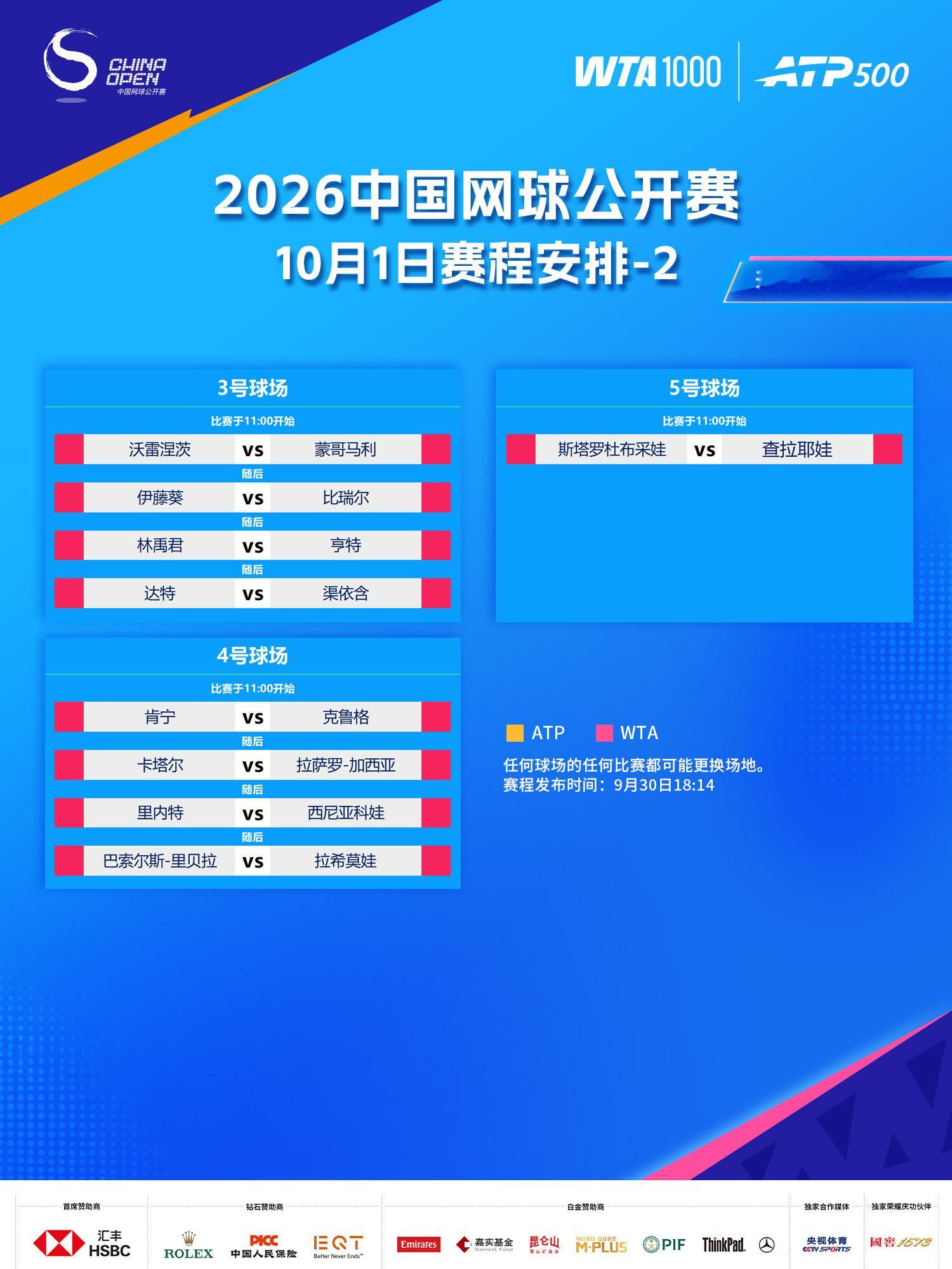 2026中网10月1日赛程公布🎾郑钦文施晗上演“中国金花”德比，头号种子兹维
