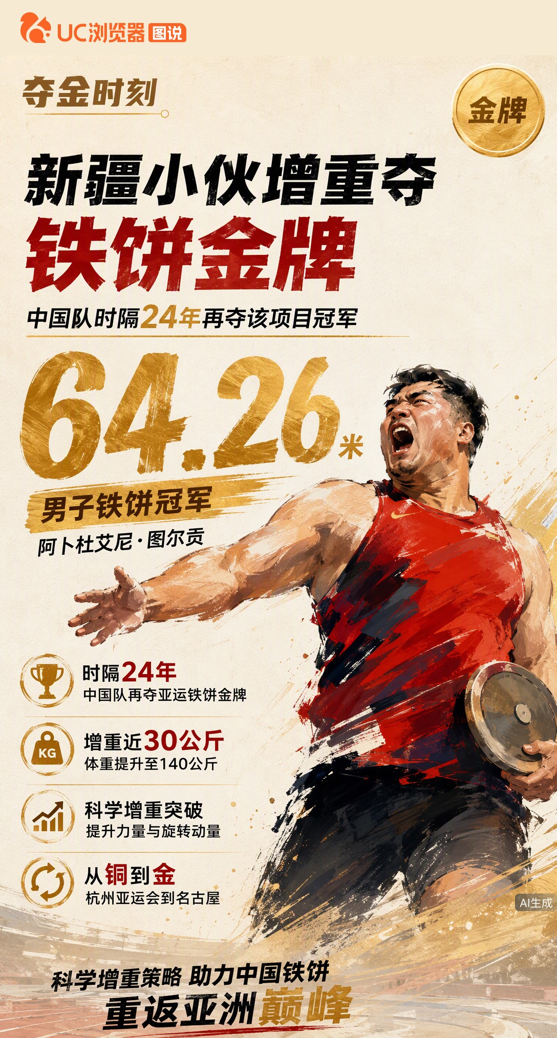 64米26夺金！阿卜杜艾尼·图尔贡为中国队拿下时隔24年的男子铁饼亚运冠军。从杭州铜牌到名古屋金牌，