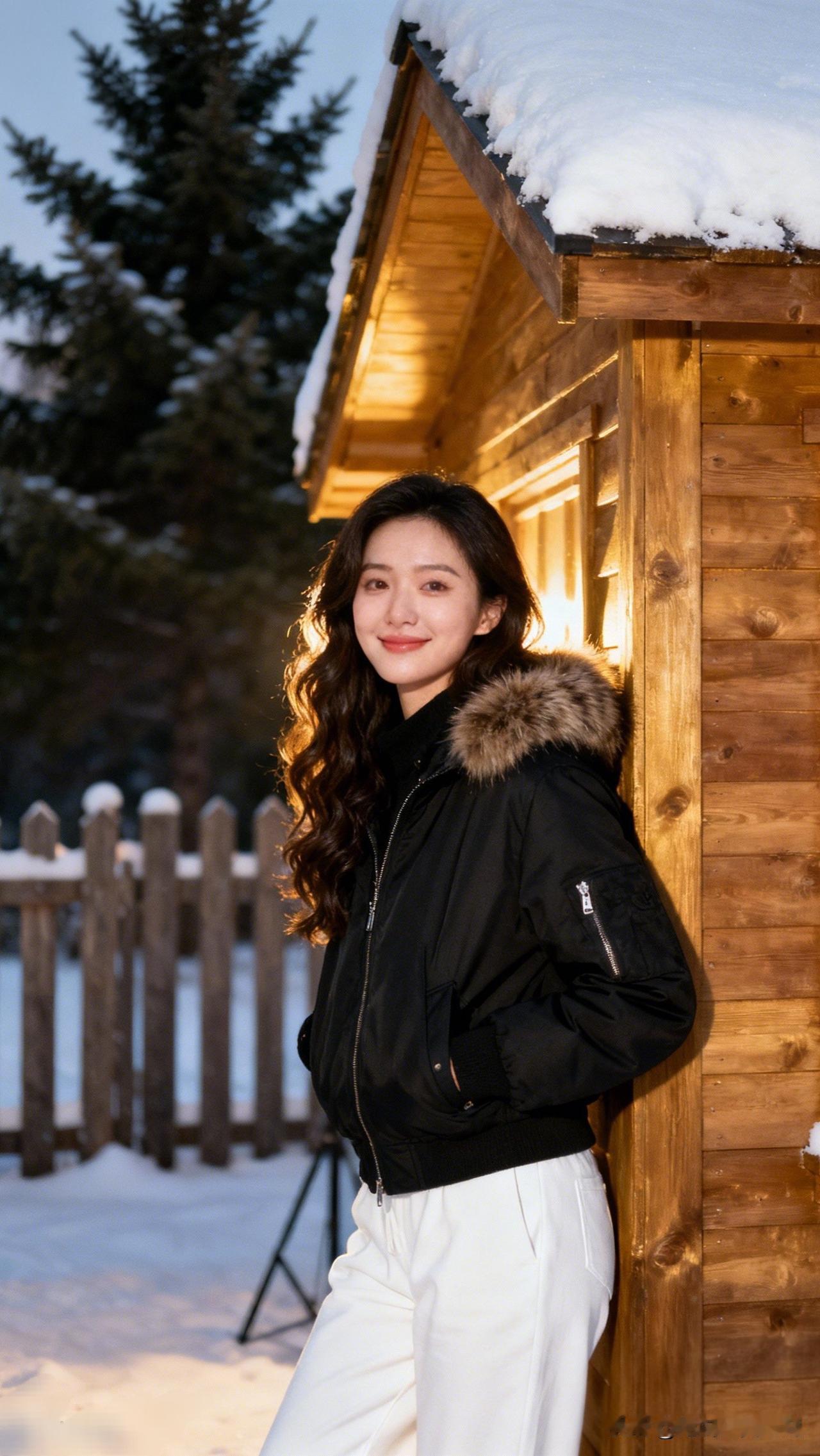 雪中倚木屋，笑语暖寒冬。旅游美照随手拍冬日暖阳下的雪景自拍，温暖与寒冷的完美结