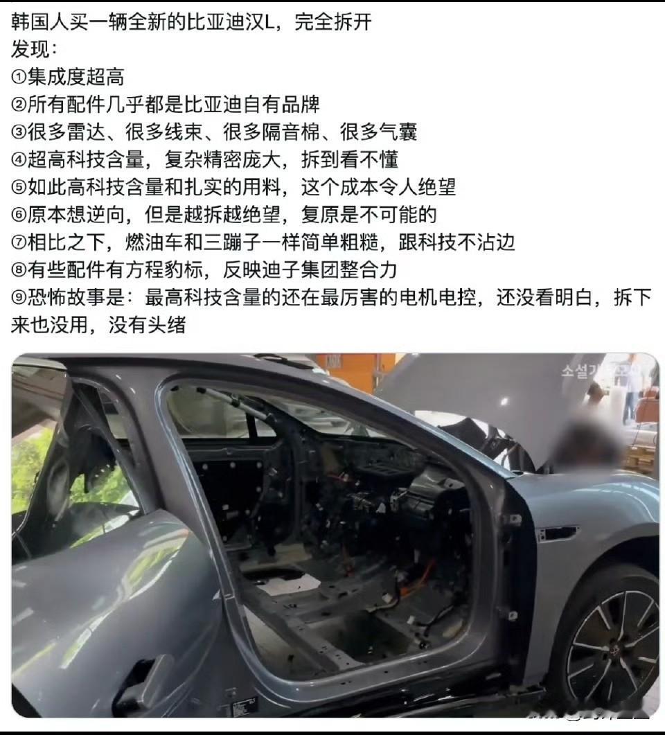都说日本车以后要崩其实韩国车也一样韩国人最近拆了辆比亚迪的汉L越拆越崩溃